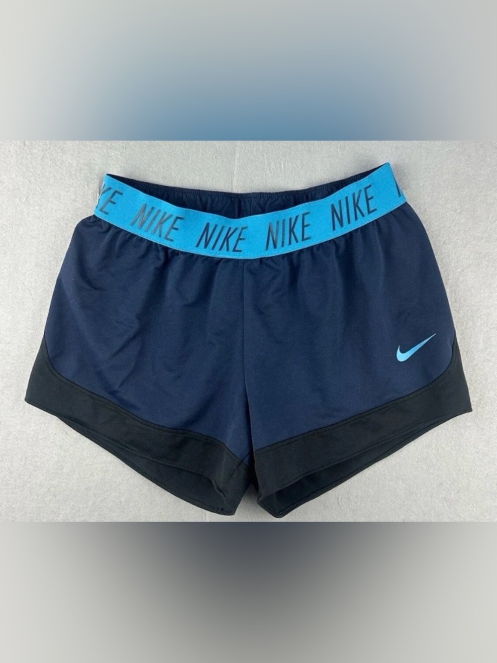Nike Women's Navy Athletic Shorts with Bright Blue Logo Waistband